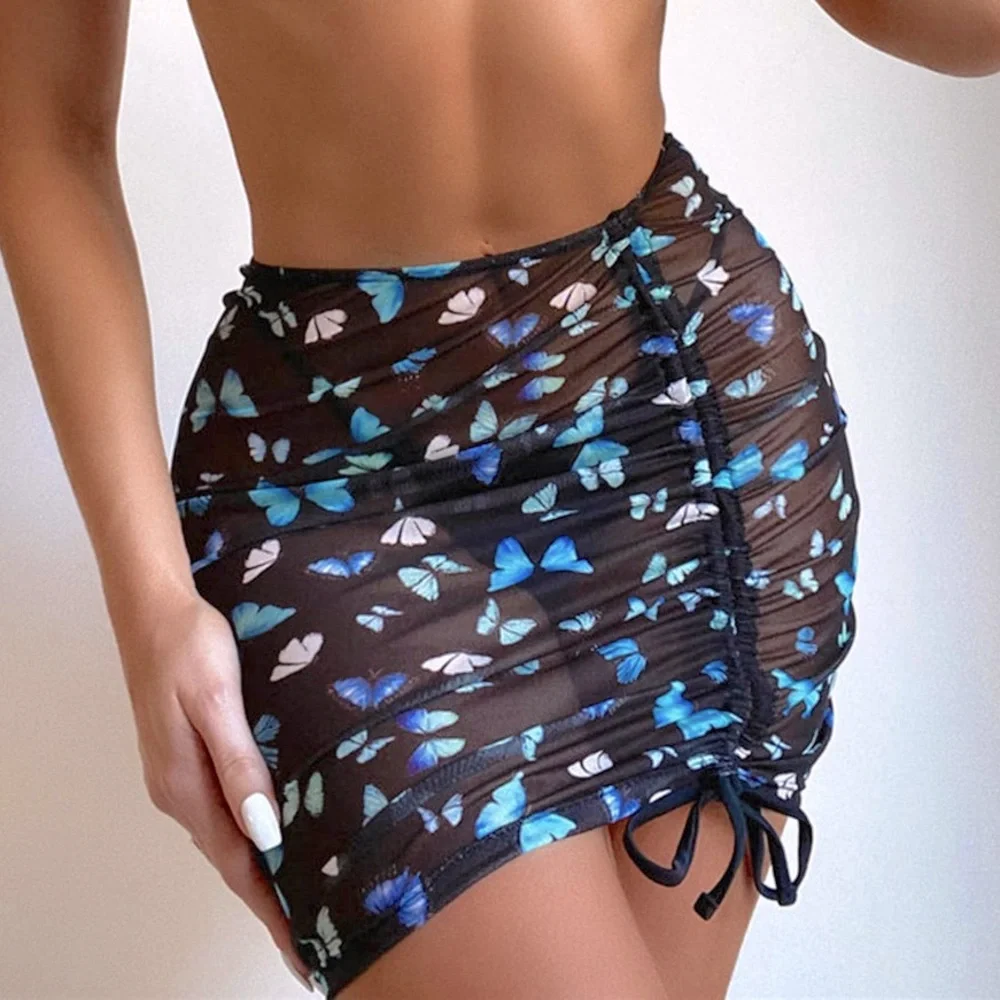 Butterfly print Mesh Cover Up with Drawstring Detail